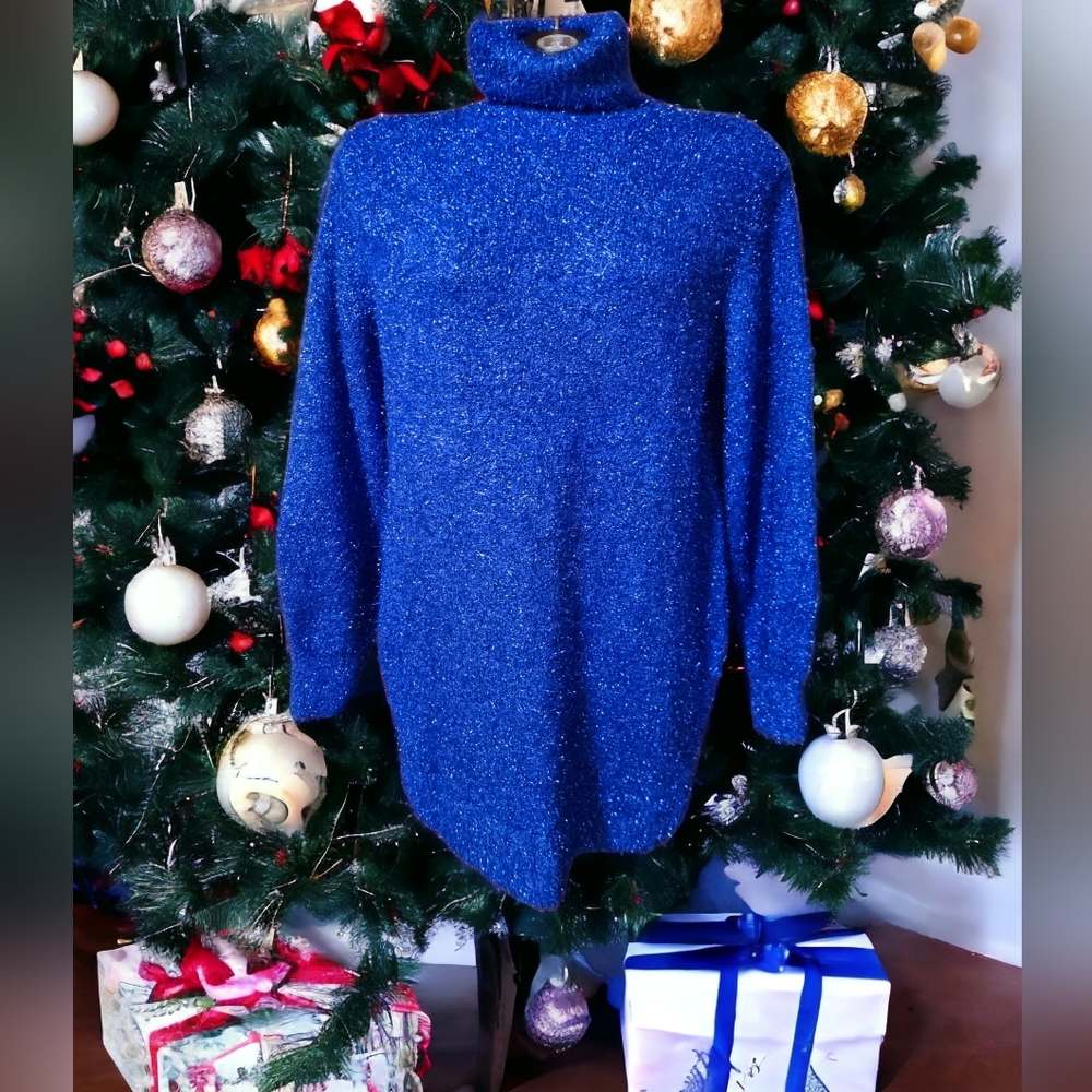 3/$40 Sale! H&M Metallic Oversized Sparkly Royal Blue Long Turtleneck Sweater